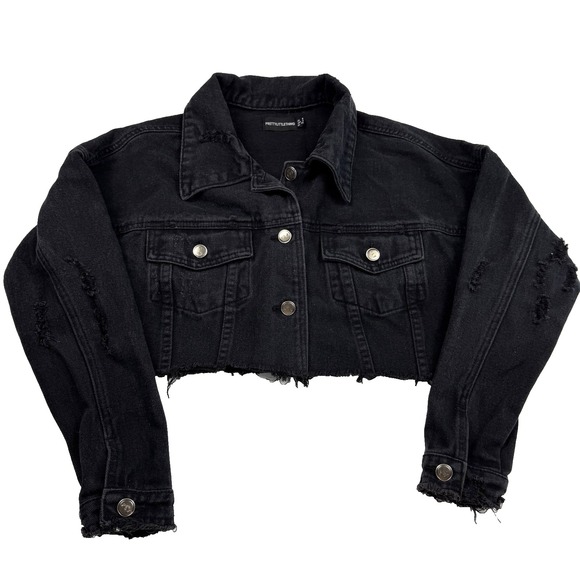 PRETTY LITTLE THING Denim Crop Jacket Women's Size 2 Washed Black Raw Edge - Picture 4 of 5